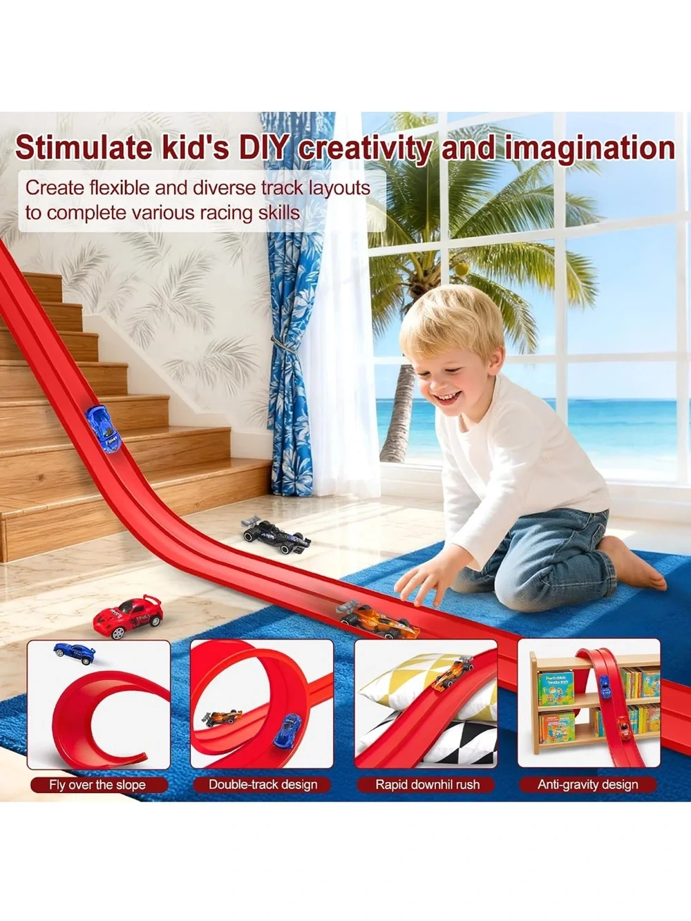 Red Racing Track Set with 4 Vehicles - Kids Toys